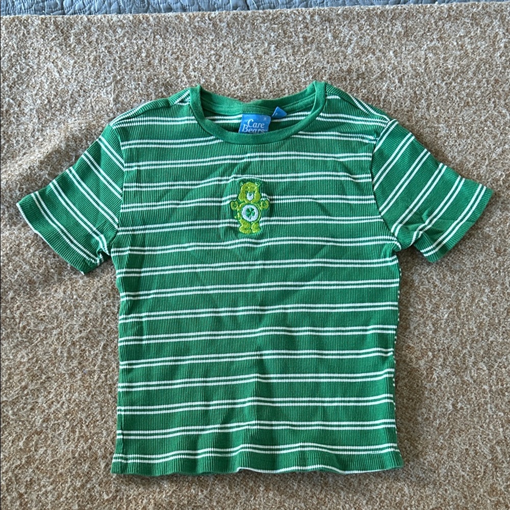 Care Bears Green and White Striped Short Sleeve Cropped Tee-Shirt